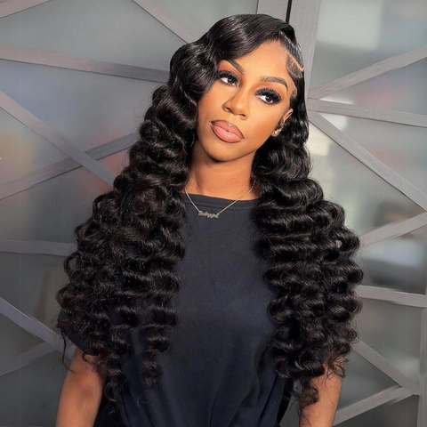 ALIGLOSSY Side C Part Wand Curls Human Hair Wig 250% Density 13x4 HD Lace Frontal Wigs